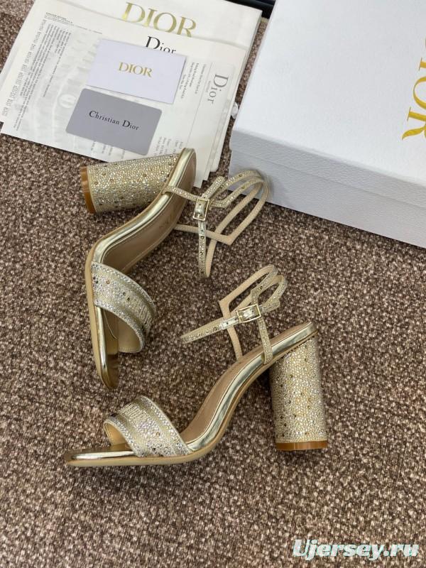 2025 Women Dior Gold Crystal Embellished Leather Sandals KFY00320