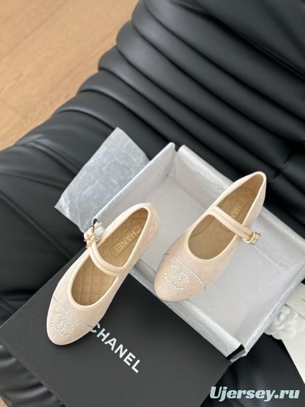 2025 Women Chanel Beige Fabric Mary Jane Embroidery LY00280