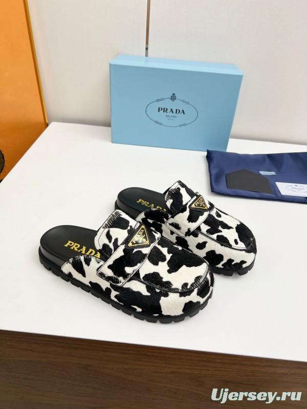 2025 Women Prada Black White Calf Hair Slippers LY00270