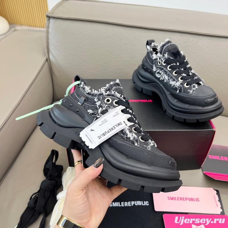 2025 Women SmileRepublic Black Tweed Leather Canvas Chunky Sneakers LY00291