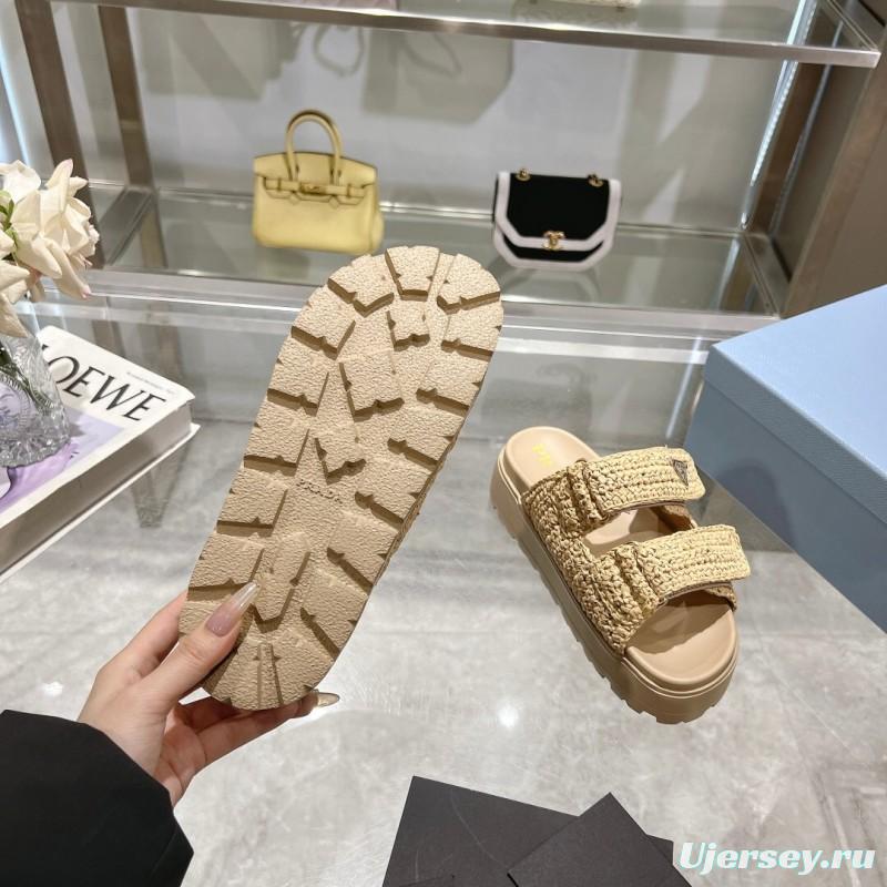 2025 Women Prada Beige Woven Leather Slippers LY