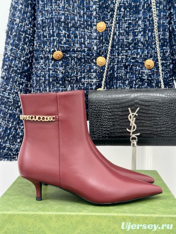 2024 Women Gucci Burgundy Leather Ankle Boots Chain MJ00410