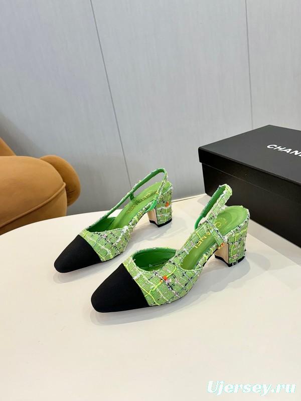 2025 Women Chanel Green Black Fabric Leather Slingback Shoes