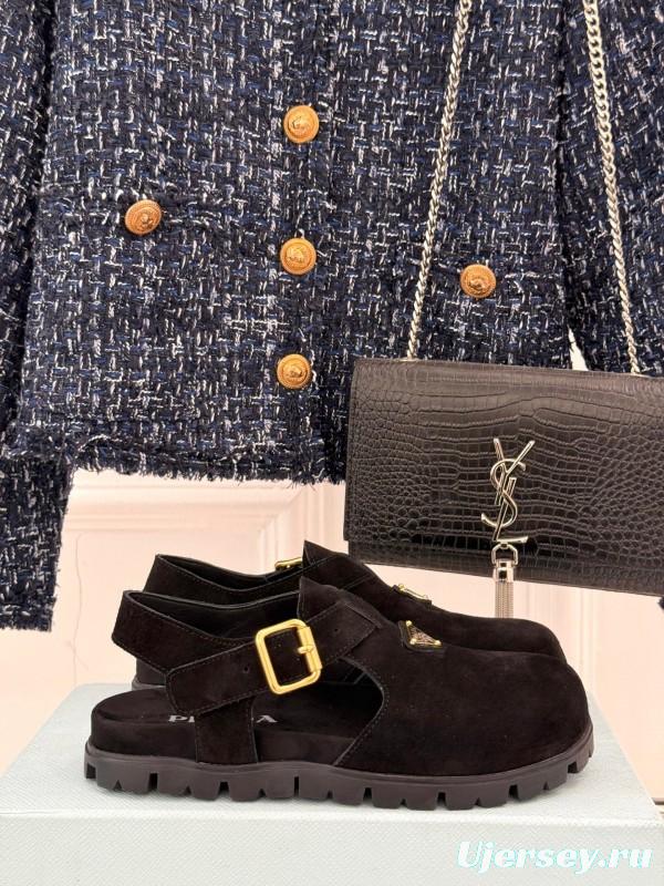 2025 Women Prada Black Suede Sandals