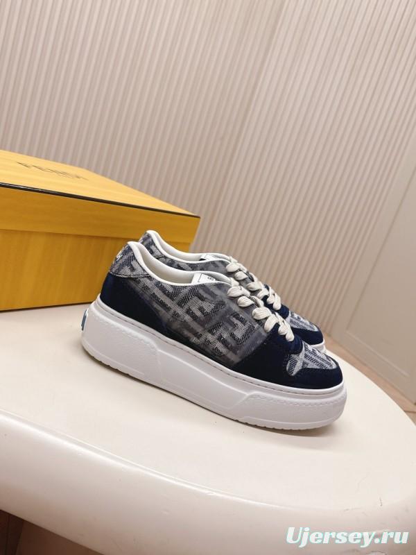 2025 Women Fendi Navy Grey Leather Canvas Sneakers LY00340