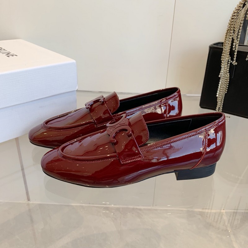 2025 Women CELINE Burgundy Patent Leather Loafers