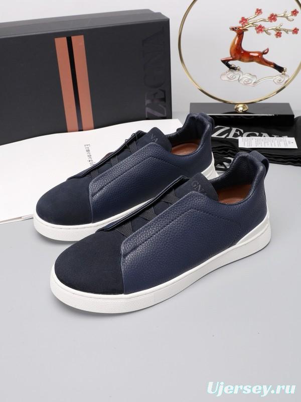 2024 Men Ermenegildo Zegna Navy Blue Leather Suede Low Top Sneakers MJ00240