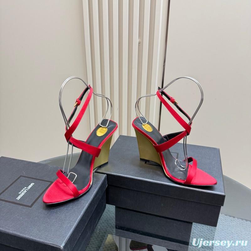 2025 Women Yves Saint Laurent Red Silk Wedge Sandals Elegant Craftsmanship LY00360(F)