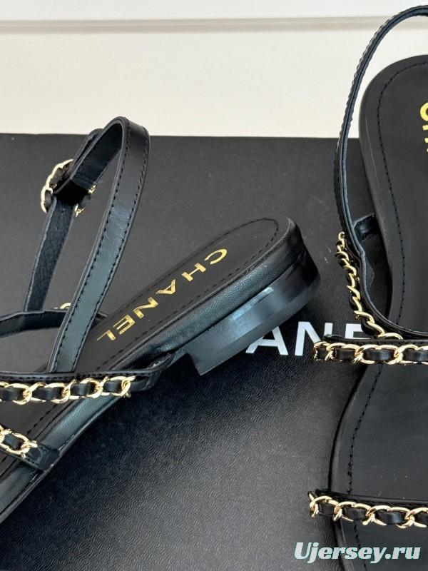 2025 Women Chanel Black Leather Slingback Sandals Chain KFY00270