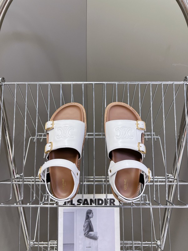 2025 Women Celine White Leather Sandals Buckle KFY00280