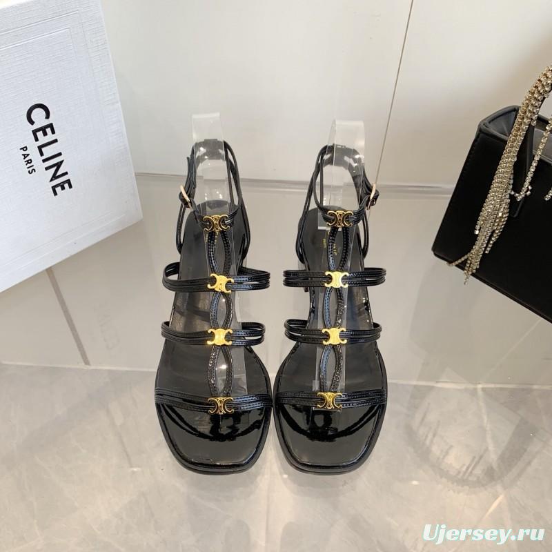 2025 Women Celine Black Patent Leather Sandals