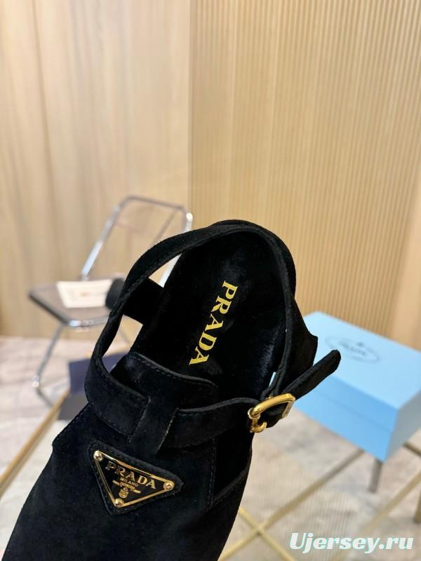 2025 Women Prada Black Suede Sandals