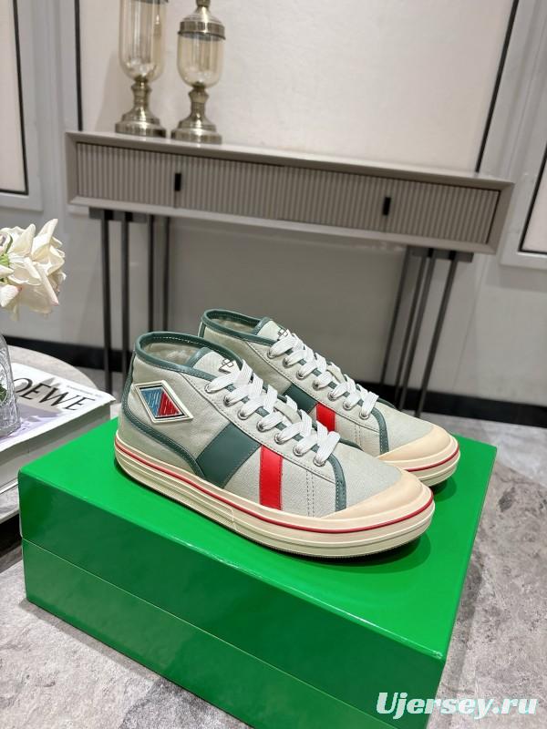 2025 Women Bottega Veneta Green White Red Canvas Leather High Top Sneakers