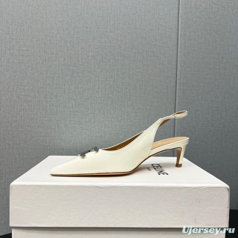 2025 Women Celine White Patent Leather Kitten Heel Pointed Toe Trimed KFY00290