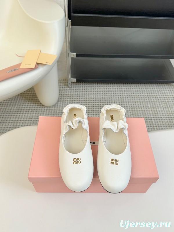 2025 Women Miu Miu White Leather Ballet Flats