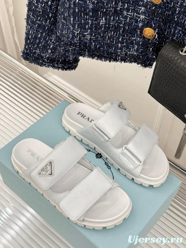 2025 Women Prada White Leather Slippers KFY00240