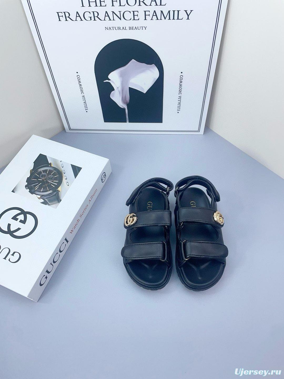 2025 Kids Gucci Black Brown Canvas Leather Sandals