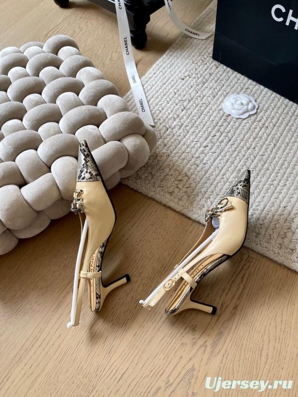 2025 Women Chanel Beige Snake Leather Heels KFY00320
