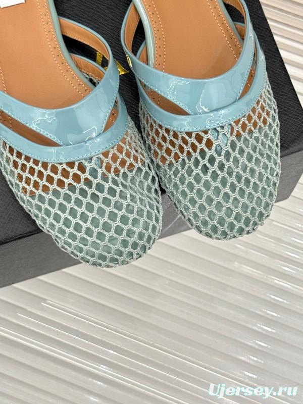 2025 Women AlAIA Light Blue White Leather Mesh Flat Slippers