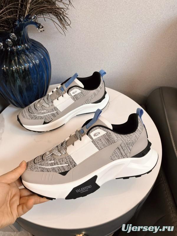 2024 Unisex Valentino White Grey Blue Fabric Leather Sneakers MJ00340