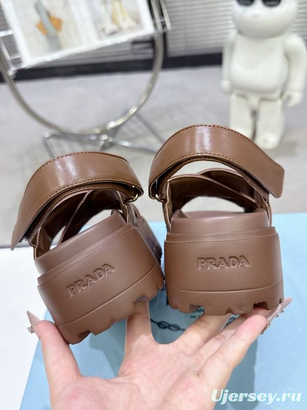 2025 Women Prada Brown Leather Sandal