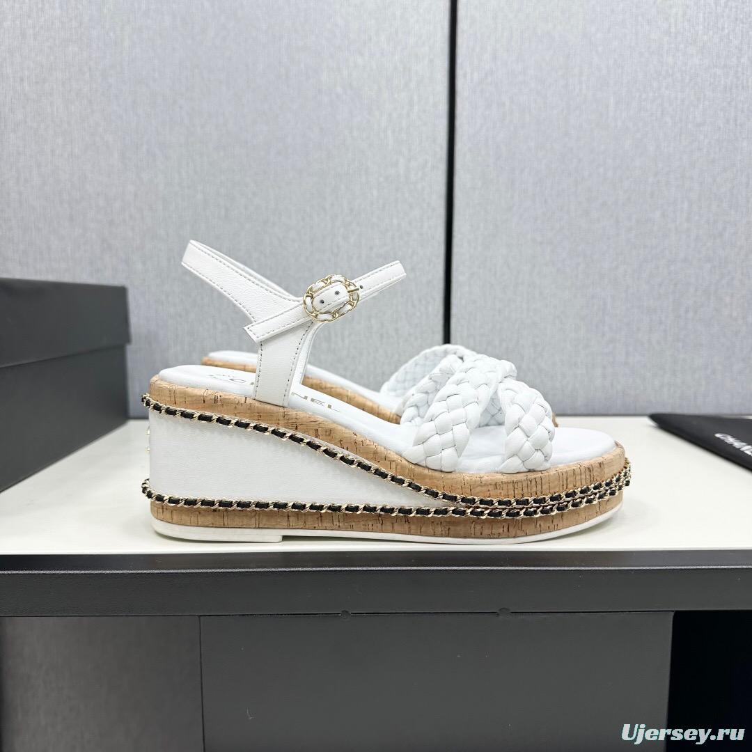 2025 Women Chanel White Leather Wedge Sandals