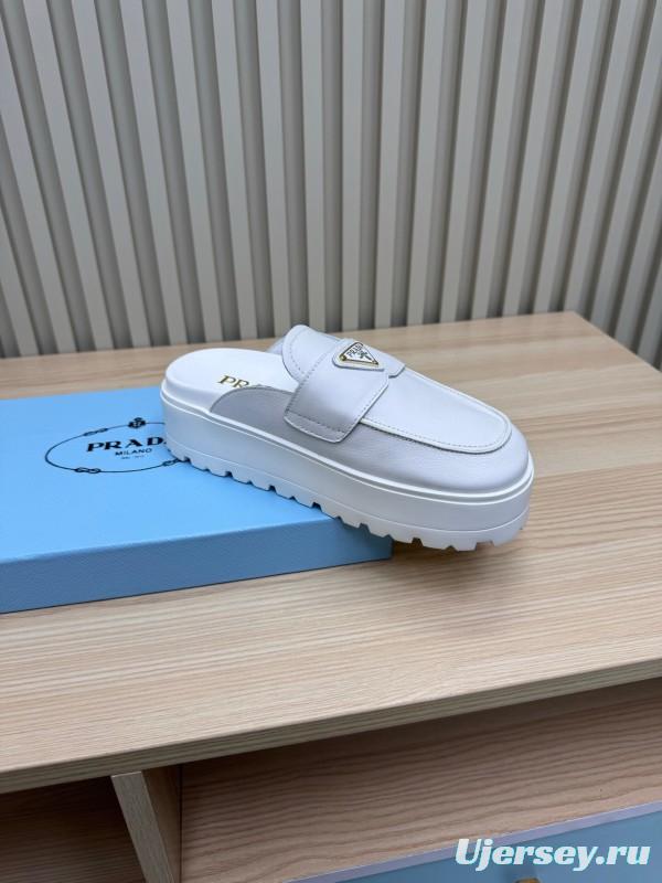 2025 Women Prada White Leather Slippers KFY00280