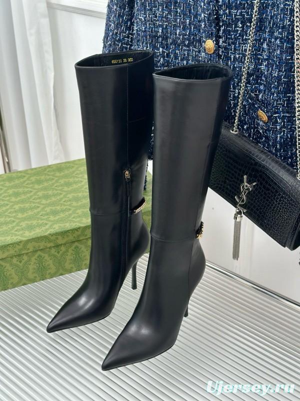 2024 Women Gucci Black Leather Boots Chain Detail MJ00550