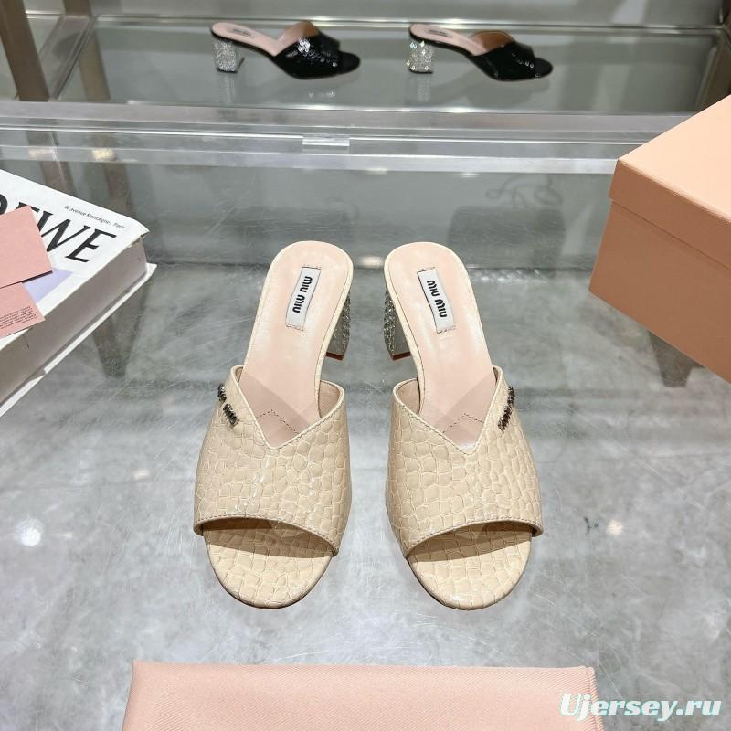 2025 Women Miu Miu Beige Crocodile Embossed Leather Heeled Mules