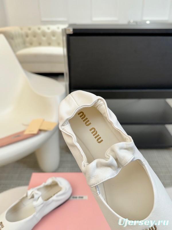 2025 Women Miu Miu White Leather Ballet Flats