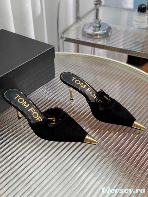 2025 Women TOM FORD Black Suede Leather Pointed Toe Metal Tip Mules