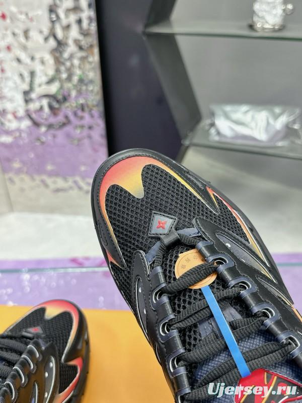 2025 Men Louis Vuitton Black Yellow Orange Mesh Leather Sneakers MJ00420