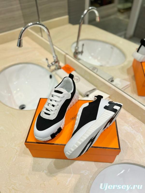 2024 Unisex Hermès Black White Imported Silk Calf Suede Sneakers MJ00320