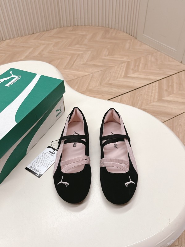 2025 Women PUMA Pink Black Suede Leather Ballet Flats LY