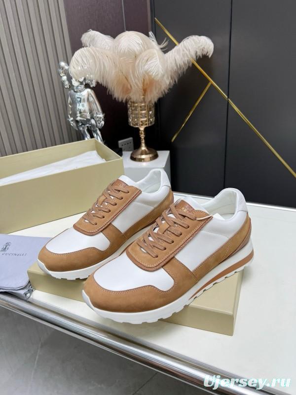 2024 Unisex Brunello Cucinelli White Brown Suede Leather Sneakers MJ00360