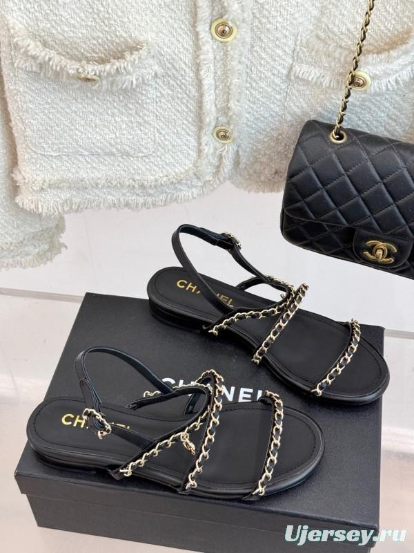 2025 Women Chanel Black Leather Slingback Sandals Chain KFY00270
