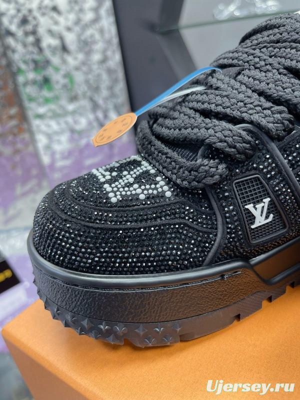 2024 Kids Louis Vuitton Black Rhinestone Fabric LV Trainer