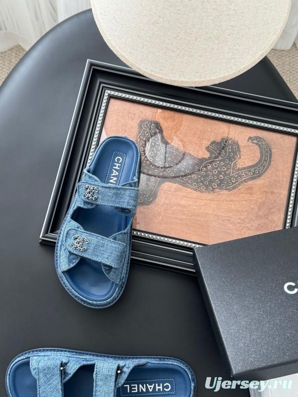 2025 Women Chanel Blue Denim Leather Slippers LY00310