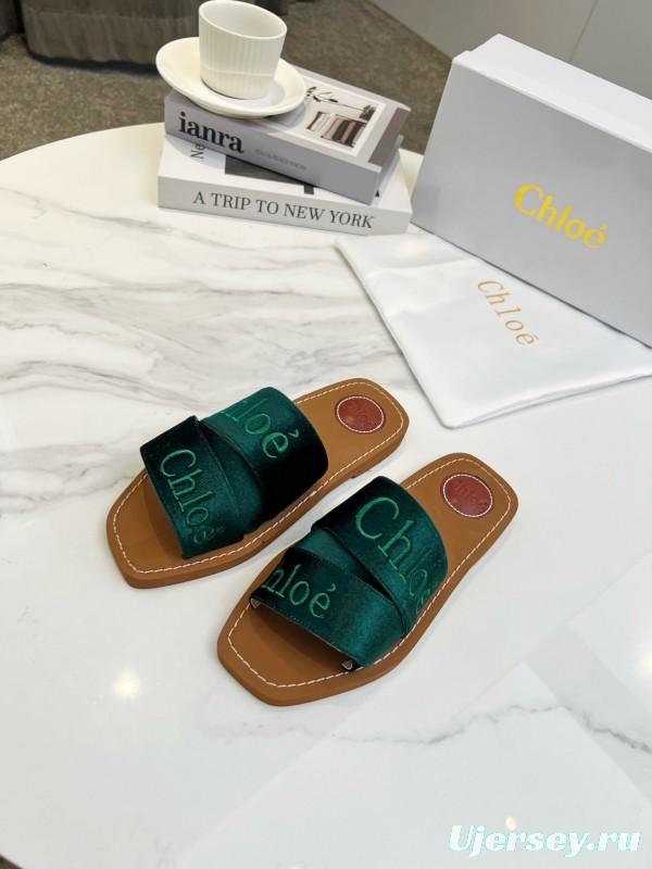 2025 Women Chloé Green Velvet Slippers