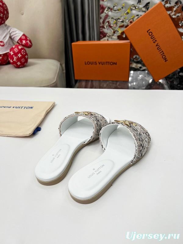 2025 Women Louis Vuitton White Tweed Leather Slippers LY00210