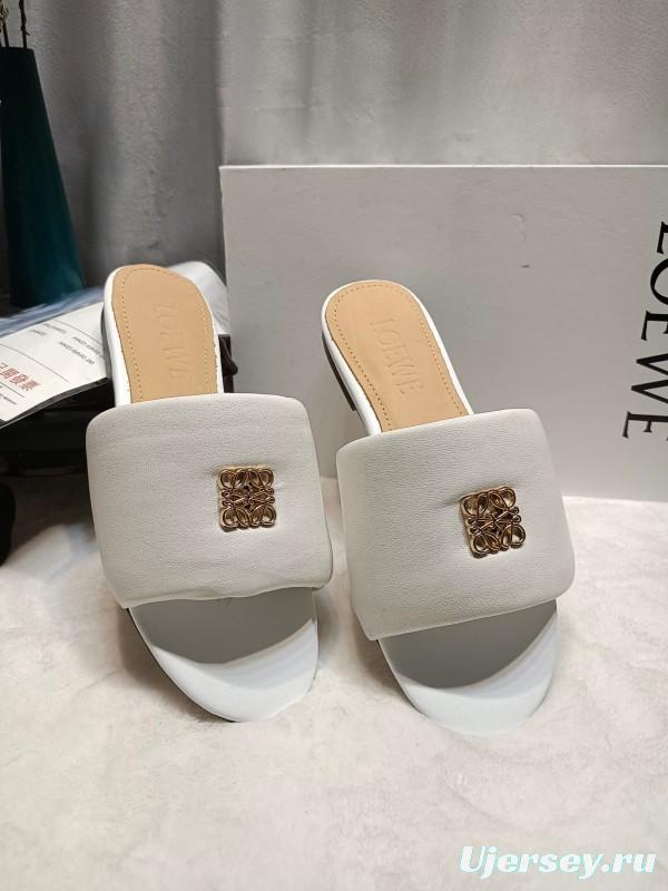 2025 Women Loewe White Leather Slippers LY00260