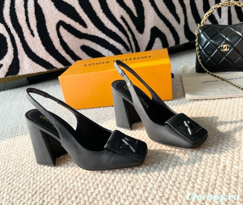 2024 Women Louis Vuitton Black Leather Slingback Heels