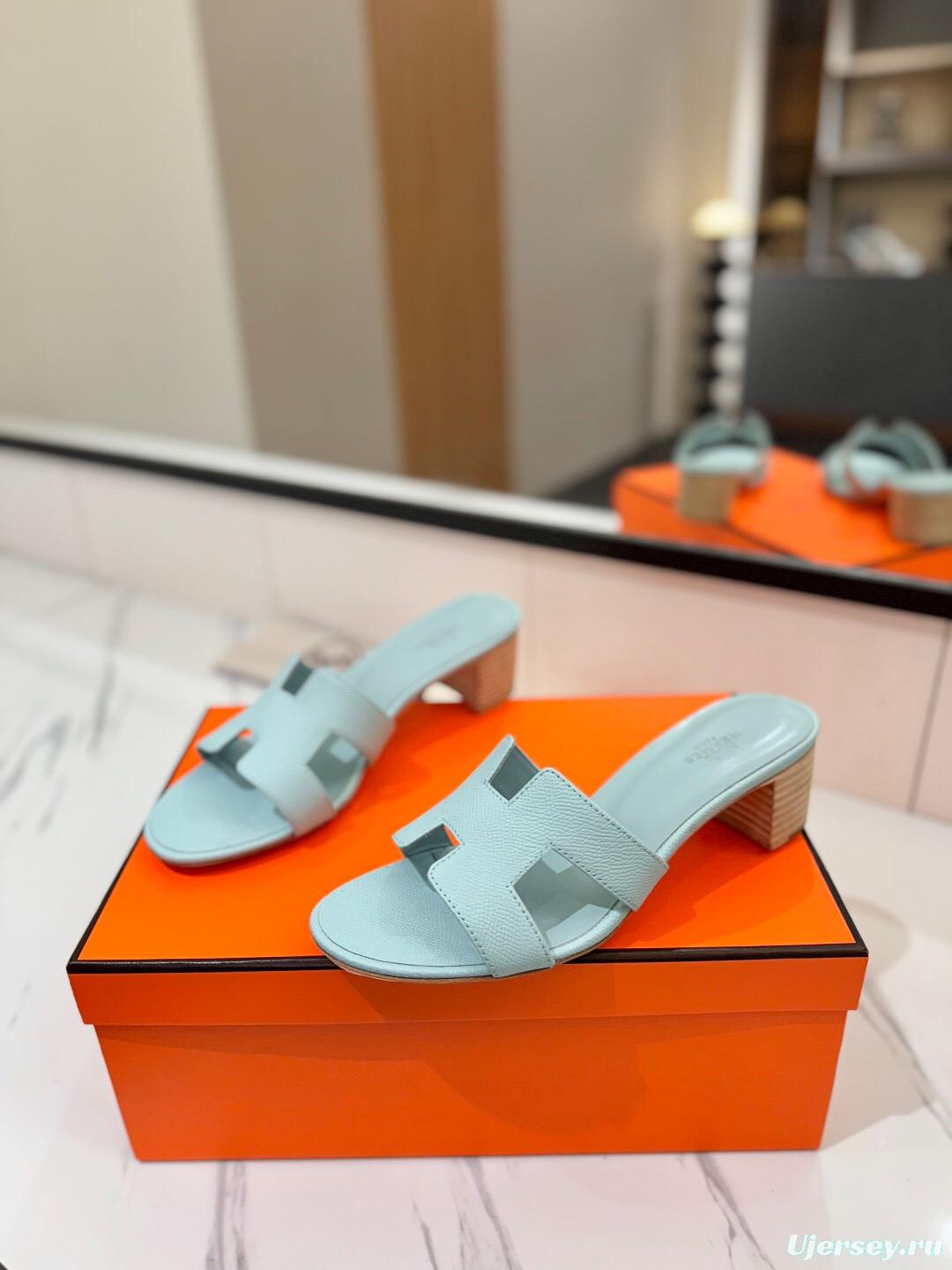 2025 Women Hermès Light Blue Leather Sandals