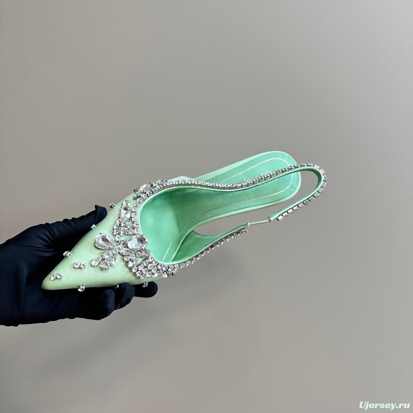 2025 Women Gucci Green Satin Slingback High Heel Crystal Embellished KFY00340