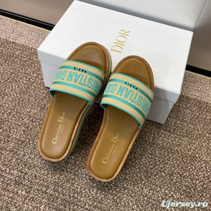 2025 Women Dior Blue Beige Fabric Leather Platform Slide Sandals