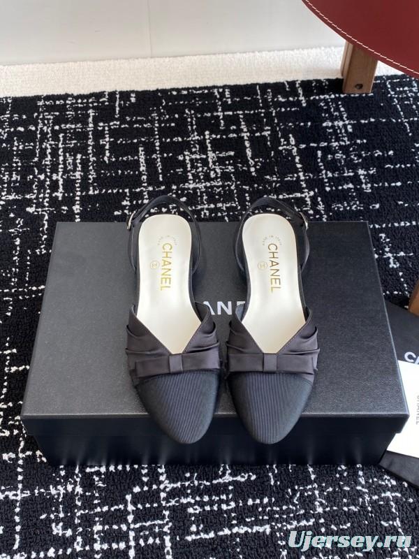 2025 Women Chanel Black Satin Silk Leather Sandals Bow KFY00289