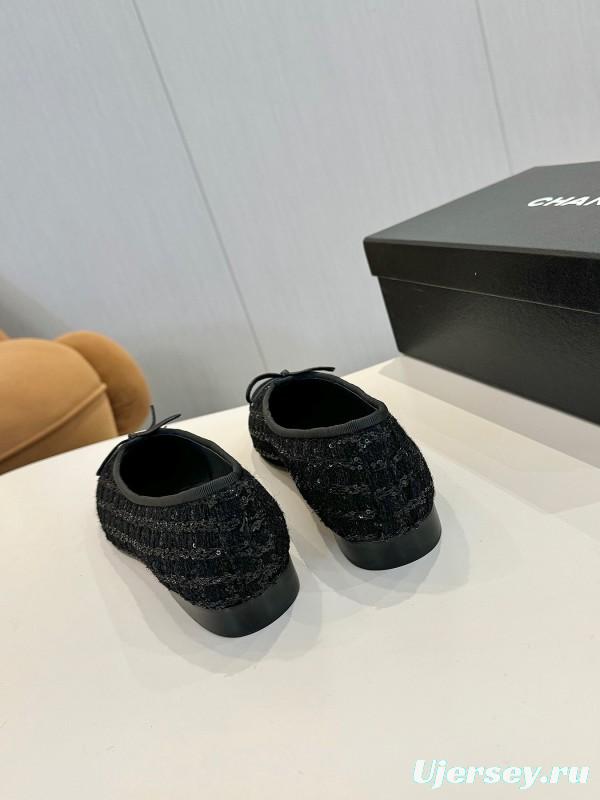 2025 Women Chanel Black Wool Ballet Flats LY00250