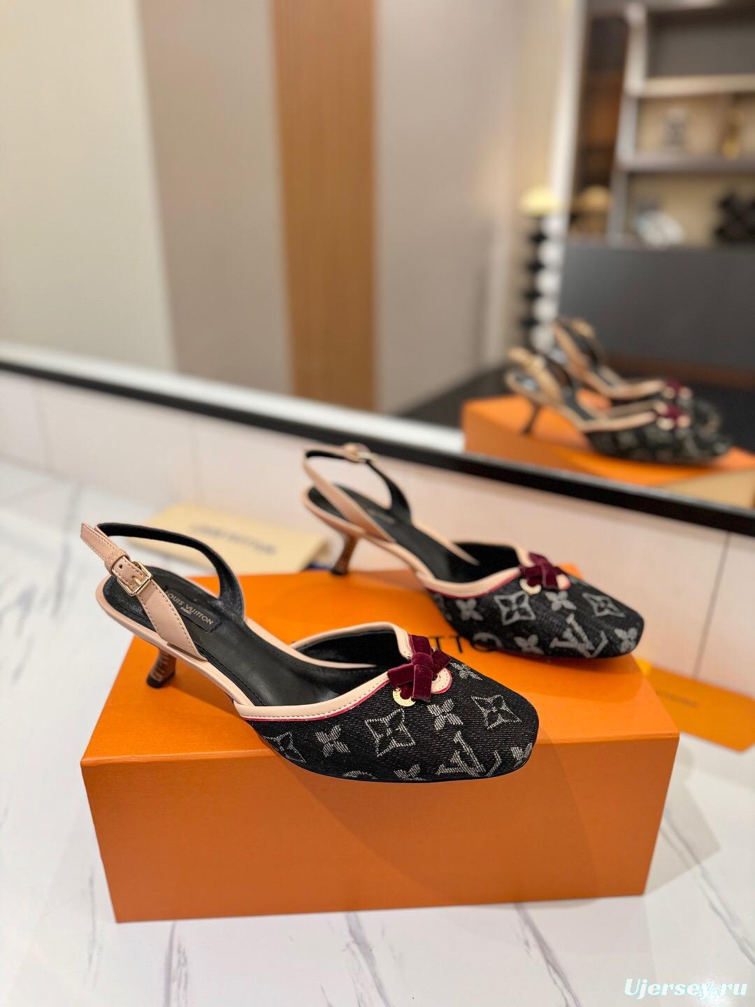 2025 Women LV Black Pink Denim Leather Slingback Heels KFY00310