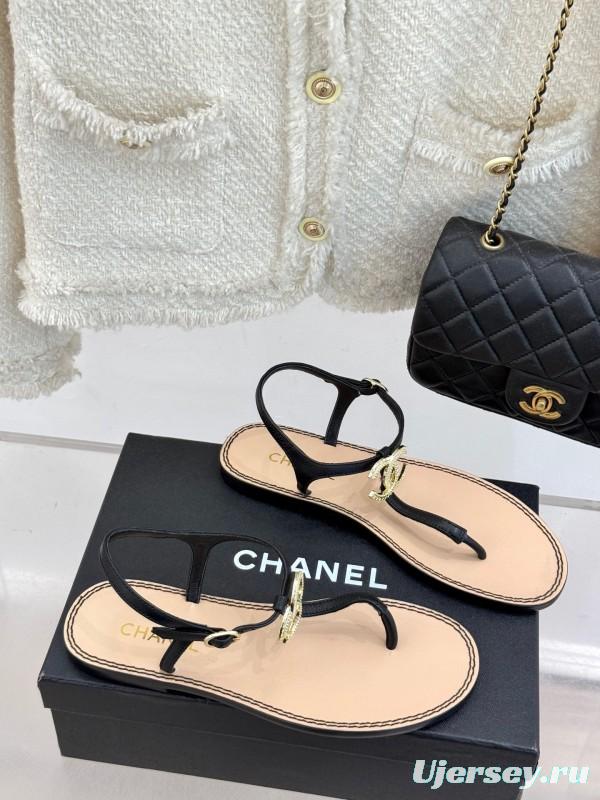 2025 Women Chanel Black Leather Sandals KFY00290