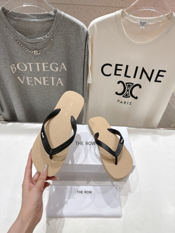 2025 Unisex The Row Beige And Black Leather Casual Flip-Flops Handmade KFY00160